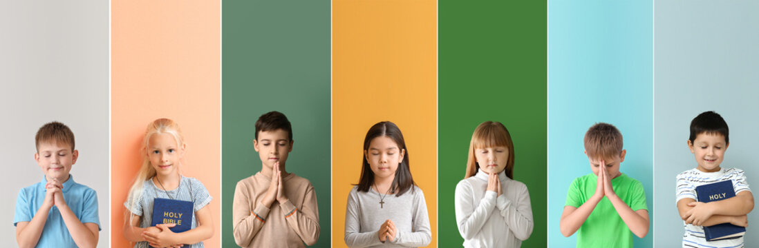 Set of different praying children on color background