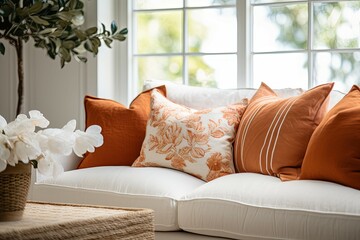 Close up of fabric sofa with white and terra cotta pillows. French country home interior design of modern living room.
