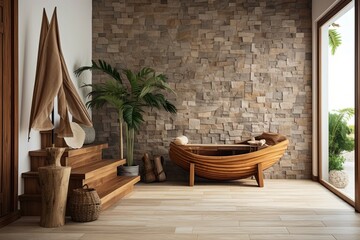Coastal interior design of modern entrance hall with stone tiles wall and wooden rustic elements.