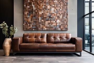 Brown leather sofa against tiled mosaic wall. Loft interior design of modern living room.