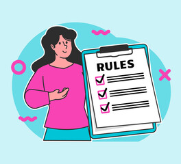 A woman carrying a board of rules