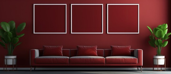 monochrome dark red room with five frame poster showcase on gallery wall with furnitures and plants.