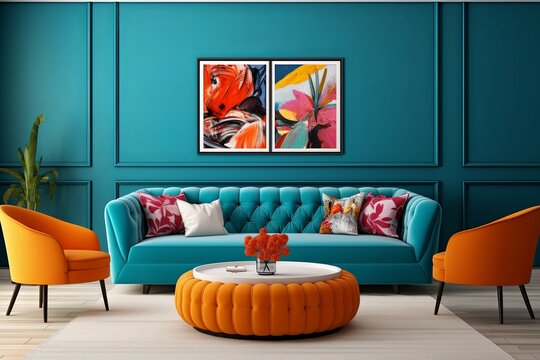 Naklejki Chic white curved tufted sofa and pouf against teal classic wall panels with vibrant colorful art poster. Art deco style home interior design of modern living room