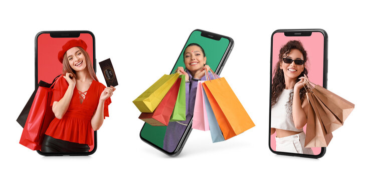 Collage with smartphones and young women holding shopping bags on white background