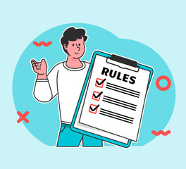 A man carrying a board of rules