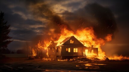 burning house engulfed in fire and flames. generative AI