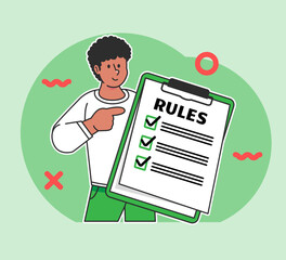 Black man carrying a board of rules