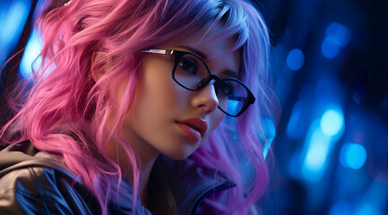Sensual woman with pink hair and blue eyes with a striking appearance. Attractive woman with glasses and intellectual flair with unique charm in dramatic lighting.