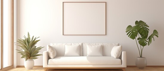  mockup frame on wall in living room, adorned with houseplant and sunlight, rendered.