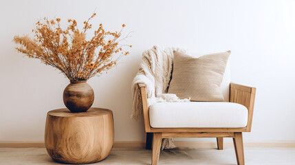 Boho Style Decor, Modern Minimalistic Chair,  Flowers in a vase and a coffee table - obrazy, fototapety, plakaty