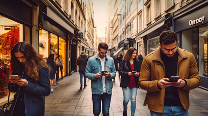 People walking in the street busy with their phone, people walking outdoors at the city street holding their smartphone