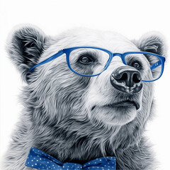 illustration of a bear with blue glasses, painting, print, printable sheet