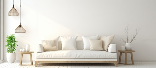 Scandinavian interior design depicts a illustration of a white room with a sofa.