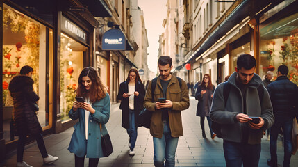 People walking in the street busy with their phone, people walking outdoors at the city street holding their smartphone - Powered by Adobe