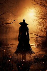 Fototapeta premium Magic gothic enchanted witch woman evil fairy girl magician character wearing dress and hat in Happy Halloween spooky scary fantasy fall scene with full moon creepy horror night light background.