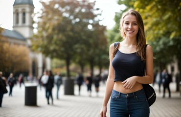 Obraz premium Portrait of beautiful caucasian female student with bags on college campus, education concept