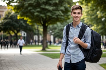Portrait of smiling male caucasian student carrying school bags on college campus outdoors, education