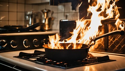 Kitchen fire hazard - residential danger, home safety, emergency - obrazy, fototapety, plakaty