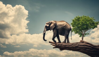 Hazard and depression - lonely elephant sitting on thick tree branch, wildlife risk