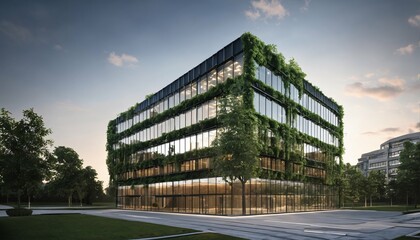 Sustainable building with trees and green environment: Eco-friendly glass office