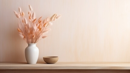 Boho Style Decor - Table against a blank wall, Pampas Grass in a vase, Rustic wooden table