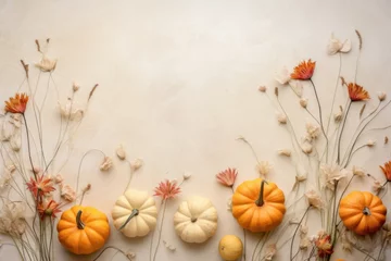 Fotobehang Happy Thanksgiving season celebration traditional pumpkins on decorated pastel table fall leaves background. Halloween decorations wood autumn cozy flat lay, top view, copy space. © Synthetica