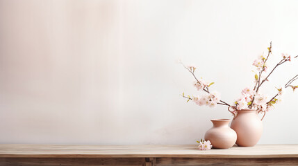 Boho Style Decor - Table against a blank wall, Flowers in a vase, Rustic wooden table