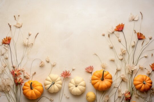 Happy Thanksgiving season celebration traditional pumpkins on decorated pastel table fall leaves background. Halloween decorations wood autumn cozy flat lay, top view, copy space.