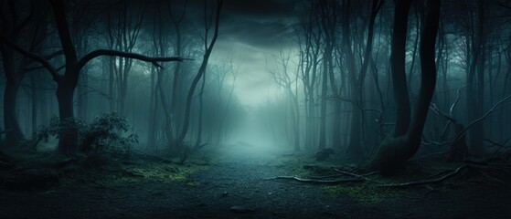 Misty spooky forest background, gloomy trees in scary horror foggy woods Happy Halloween dark night creepy nature mist fantasy atmosphere mystery dramatic landscape fall nightmare scenery. Copy space