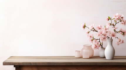 Boho Style Decor - Table against a blank wall, Flowers in a vase, Rustic wooden table