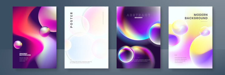 Poster collection with abstract colorful gradient sphere. Glowing vibrant liquid gradient shape on dark background. Design template for flyer, social media, banner, placard. Vector illustration