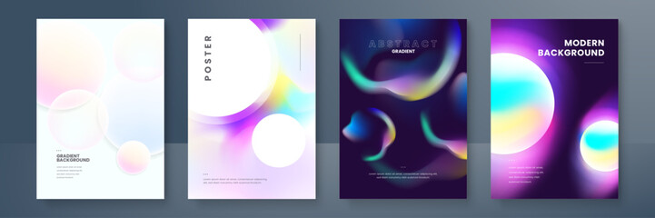 Poster collection with abstract colorful gradient sphere. Glowing vibrant liquid gradient shape on dark background. Design template for flyer, social media, banner, placard. Vector illustration