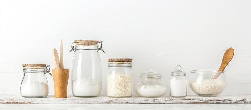 Front view of kitchen utensils and glass jar filled with rice on a white table.