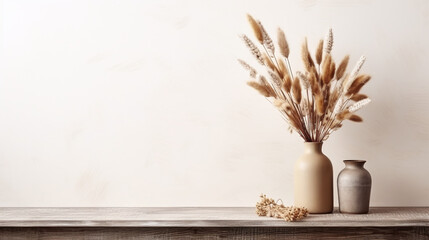 Boho Style Decor - Table against a blank wall, Dried Flowers in a vase, Rustic wooden table