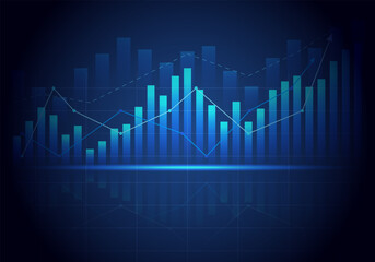 Growing growth chart. Glowing blue bar chart of stock market investment trading on blue background. global market information, financial bar graph, bullish point.