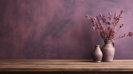 Boho Style Decor - Table against a blank purple wall, Flowers in a vase, Rustic wooden table