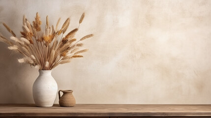Boho Style Decor - Table against a blank wall, Dried Flowers in a vase, Rustic wooden table