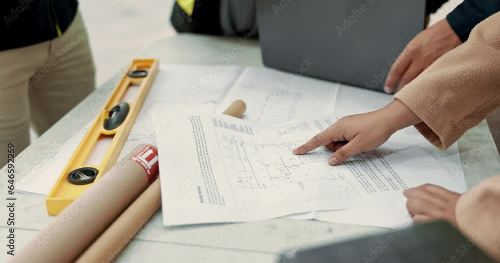 Poster Hands, blueprint and people in architecture meeting for teamwork, planning design or construction. Closeup, table and architects or group in engineering with an illustration for building strategy