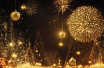 New Year's background with golden Christmas tree, fireworks and balls