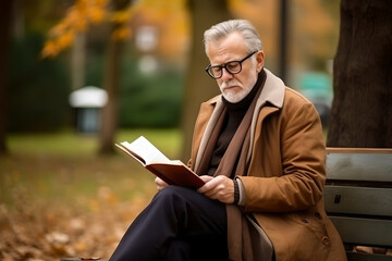 Lonely older man wearing glasses reading book sitting on wooden bench at city park in autumn season - Powered by Adobe
