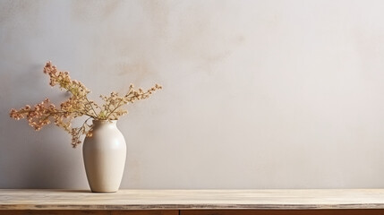 Boho Style Decor - Table against a blank wall, dried Flowers in a vase, Rustic wooden table