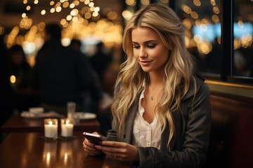 Young woman sitting with smartphone in hand, using it to check messages, shop online, chat online, and watch videos.