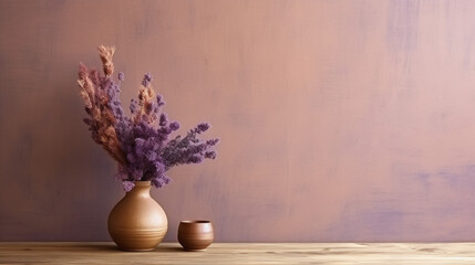 Boho Style Decor - Table against a blank blue wall, Lavender Flowers in a vase, Rustic wooden table