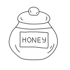 Glass jar with honey, doodle style flat vector outline for coloring book