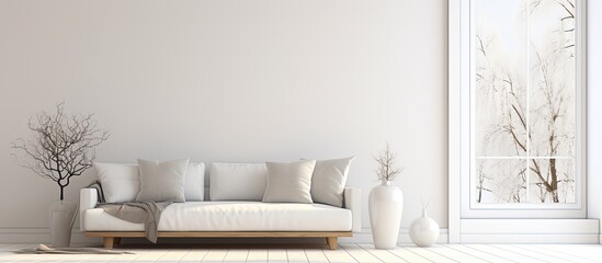 Fototapeta na wymiar Simplistic white Nordic home with minimalist living room and natural outdoor view.