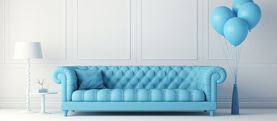 Blue sofa in a white room.