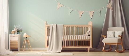 Design of a banner featuring a cozy crib by a window in a baby's room.