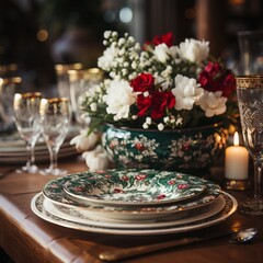 Naklejka premium christmas table setting, Festive Table Settings: Complete with themed plates, napkins, and centerpieces, generative ai