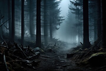Misty spooky forest background, gloomy trees in scary horror foggy woods Happy Halloween dark night creepy nature mist fantasy atmosphere mystery dramatic landscape fall nightmare scenery. Copy space