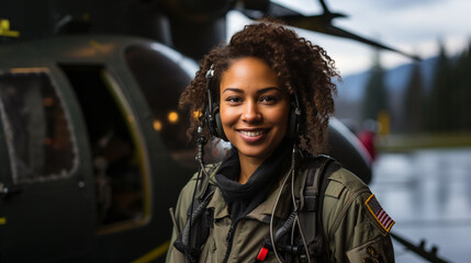 Female African American military helicopter pilot standing near her aircraft - generative AI. - obrazy, fototapety, plakaty